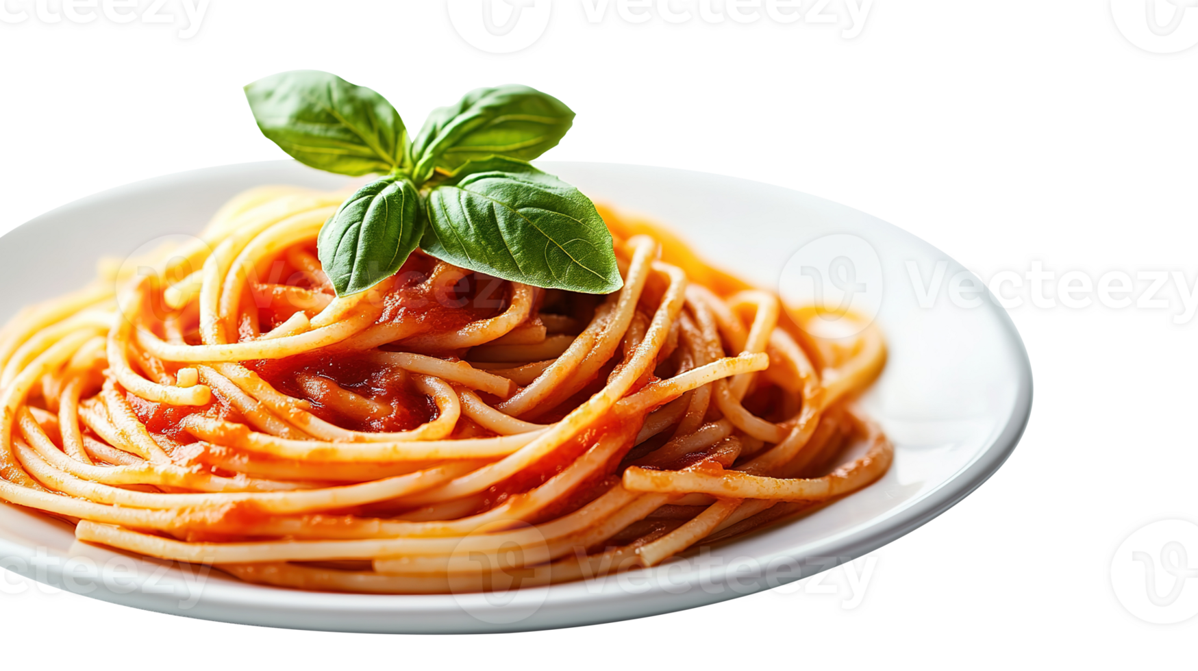 Delicious Pasta Spaghetti with Tomato Sauce Garnished with a Fresh Basil Leaf Isolated at the Transparent Background png