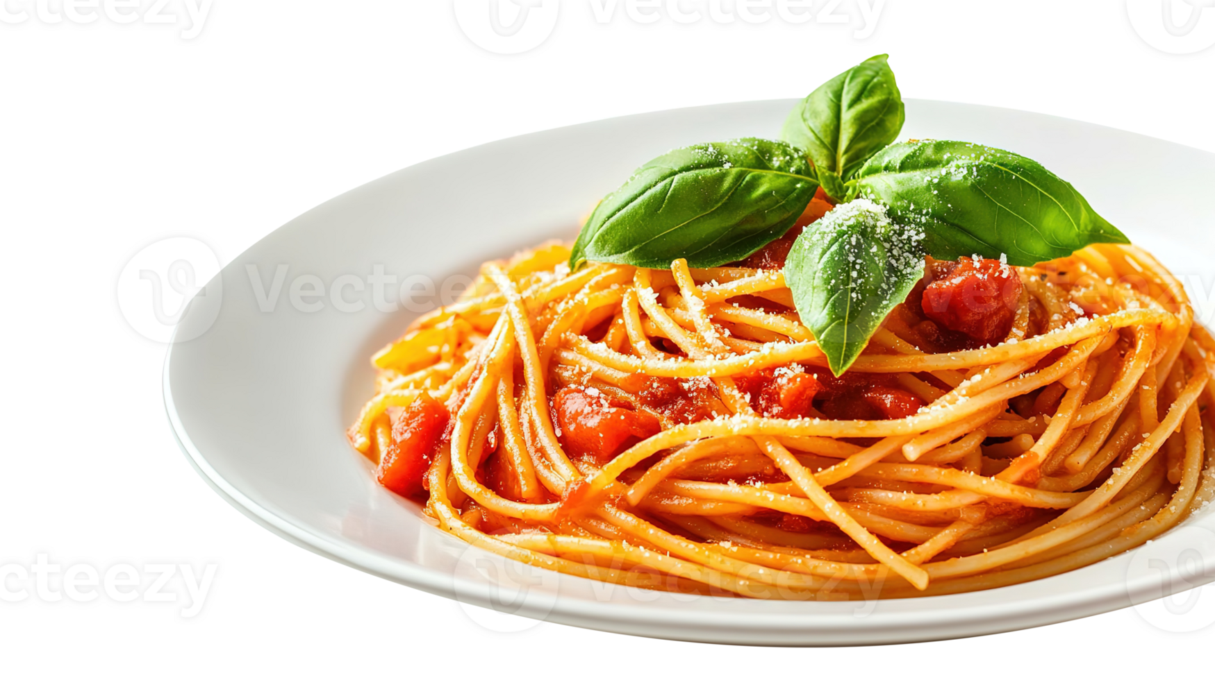 Delicious Pasta Spaghetti with Tomato Sauce Garnished with a Fresh Basil Leaf Isolated on Transparent Background png