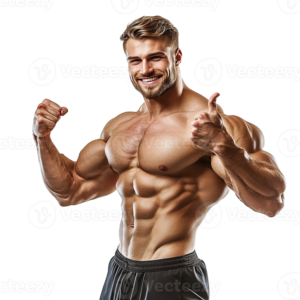 Muscular Man with Perfect Body Smiling, Flexing Biceps, and Showing Thumbs Up Isolated on Transparent Background png