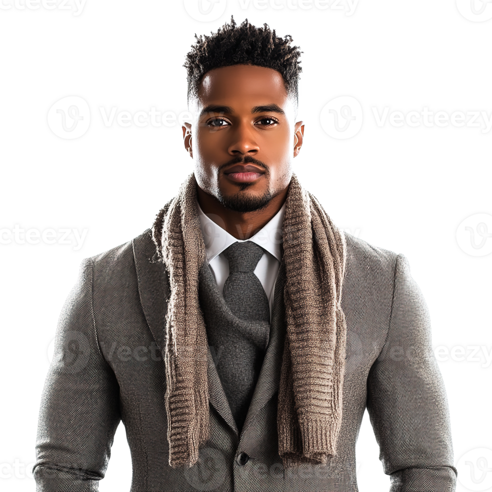 Stylish African American Man in Winter Suit and Scarf Isolated at the Transparent Background png