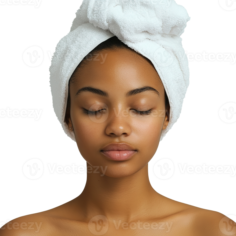 Portrait of Young African American Woman Wearing Towel with Eyes Closed Isolated on Transparent Background png