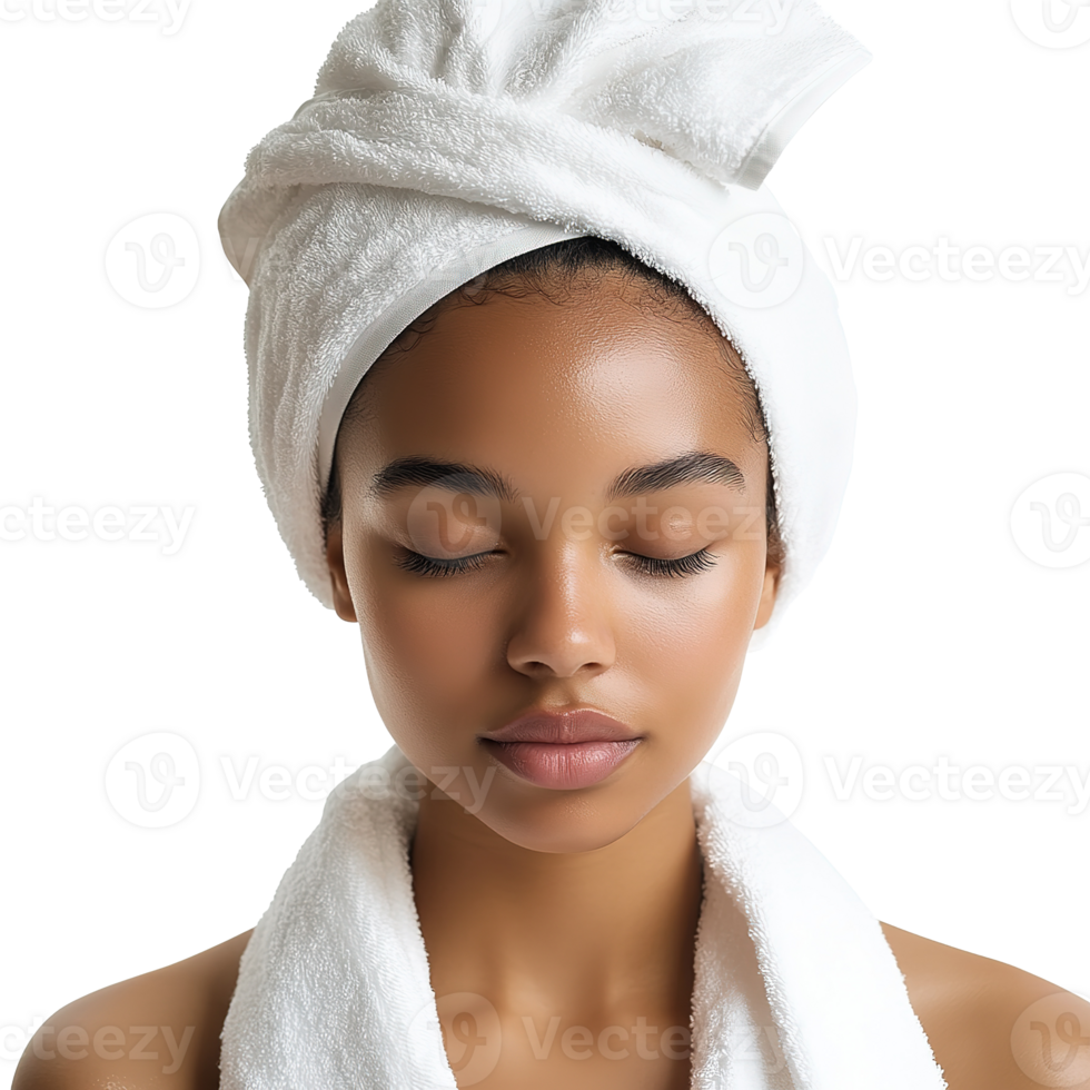 Portrait of Young African American Woman Wearing Towel and with Eyes Closed. Cosmetology, Beauty, and Spa Concepts Isolated at the Transparent Background png