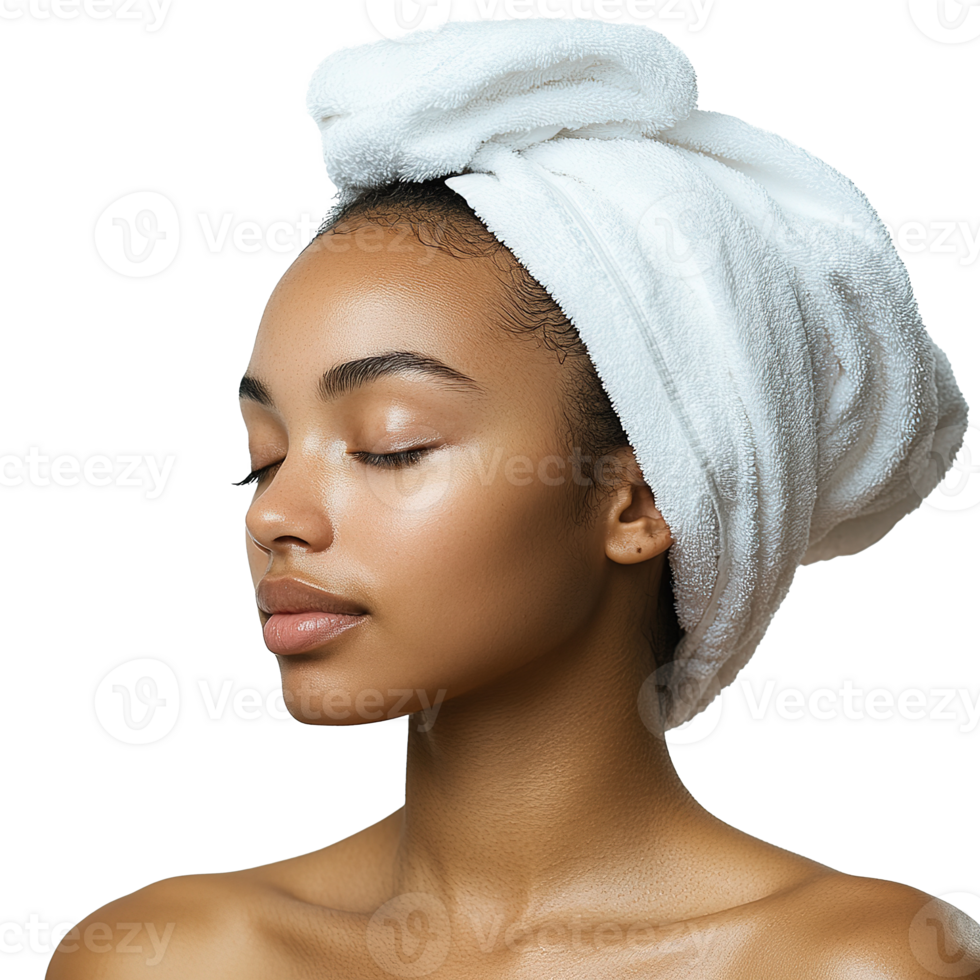 Portrait of Young African American Woman Wearing Towel and with Eyes Closed. Cosmetology, Beauty, and Spa Concepts Isolated on the Transparent Background png