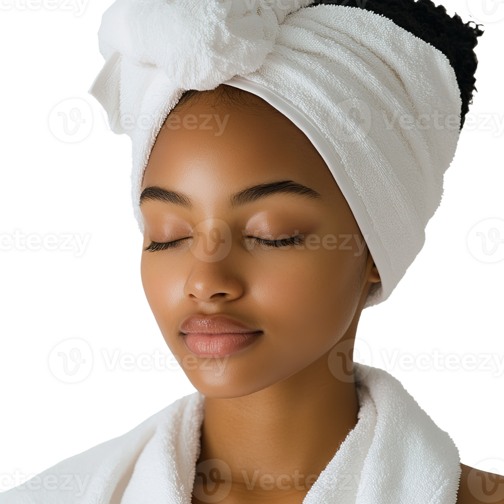 Portrait of Young African American Woman Wearing Towel and with Eyes Closed. Cosmetology, Beauty, and Spa Concepts Isolated on Transparent Background png