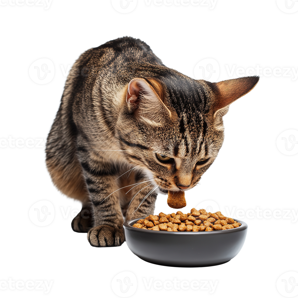 Tabby Cat Eating Dry Food on Bowl Isolated at Transparent Background png