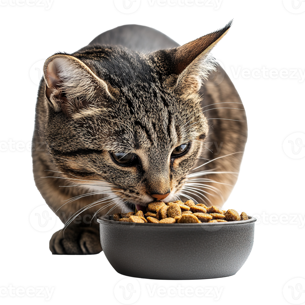Tabby Cat Eating Dry Food on Bowl Isolated at the Transparent Background png