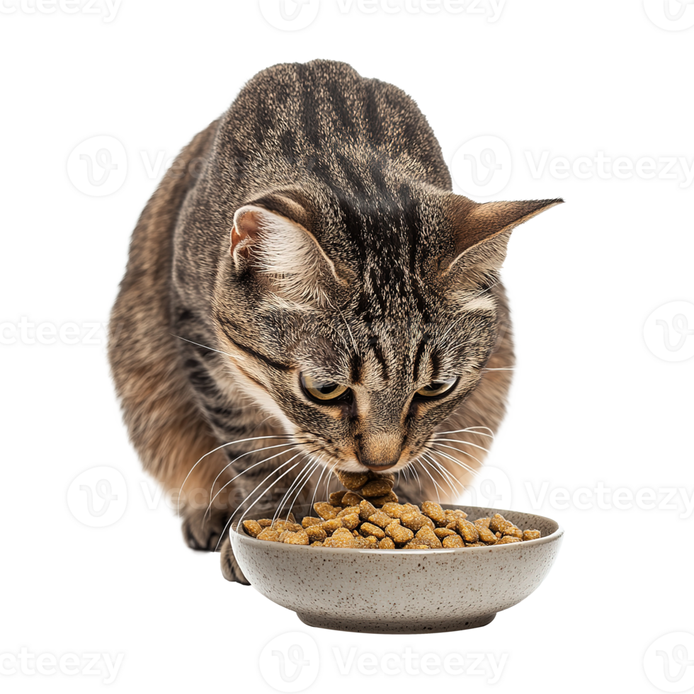 Tabby Cat Eating Dry Food on Bowl Isolated on Transparent Background png