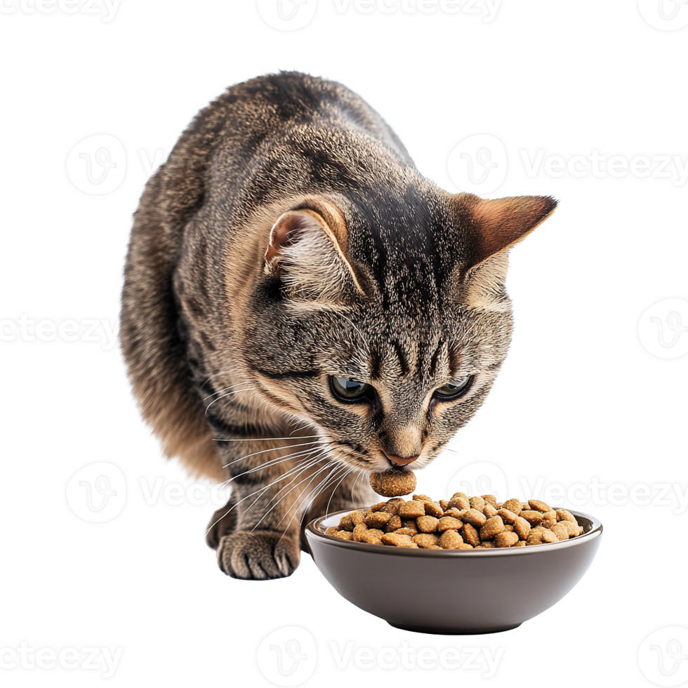 Tabby Cat Eating Dry Food on Bowl Isolated on the Transparent Background png