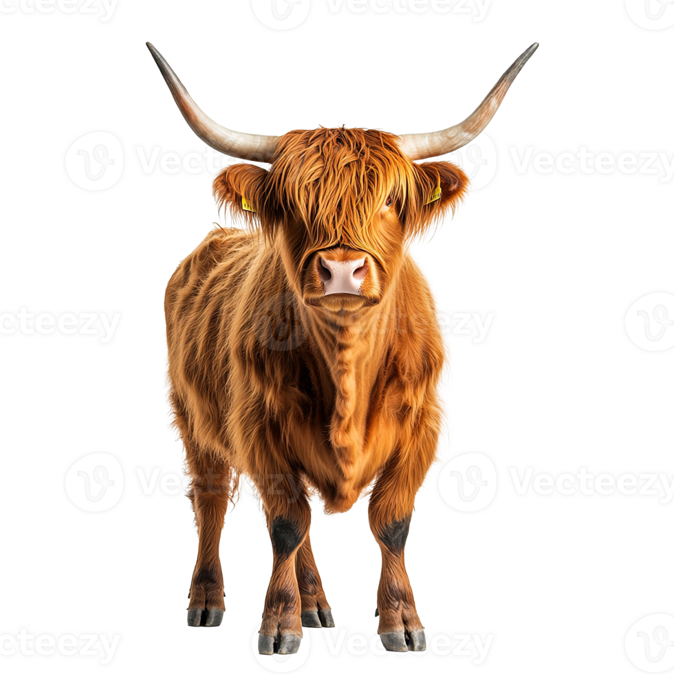 Brown Scottish Highland Cow Isolated Full Body on the Transparent Background png