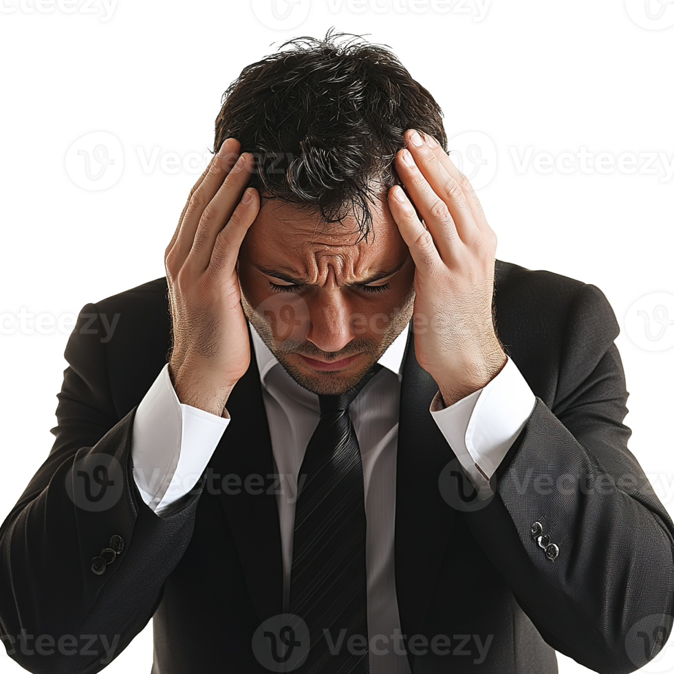 Depressed Businessman with Hands on Head, Looking Stressed and Fatigued Isolated on Transparent Background png
