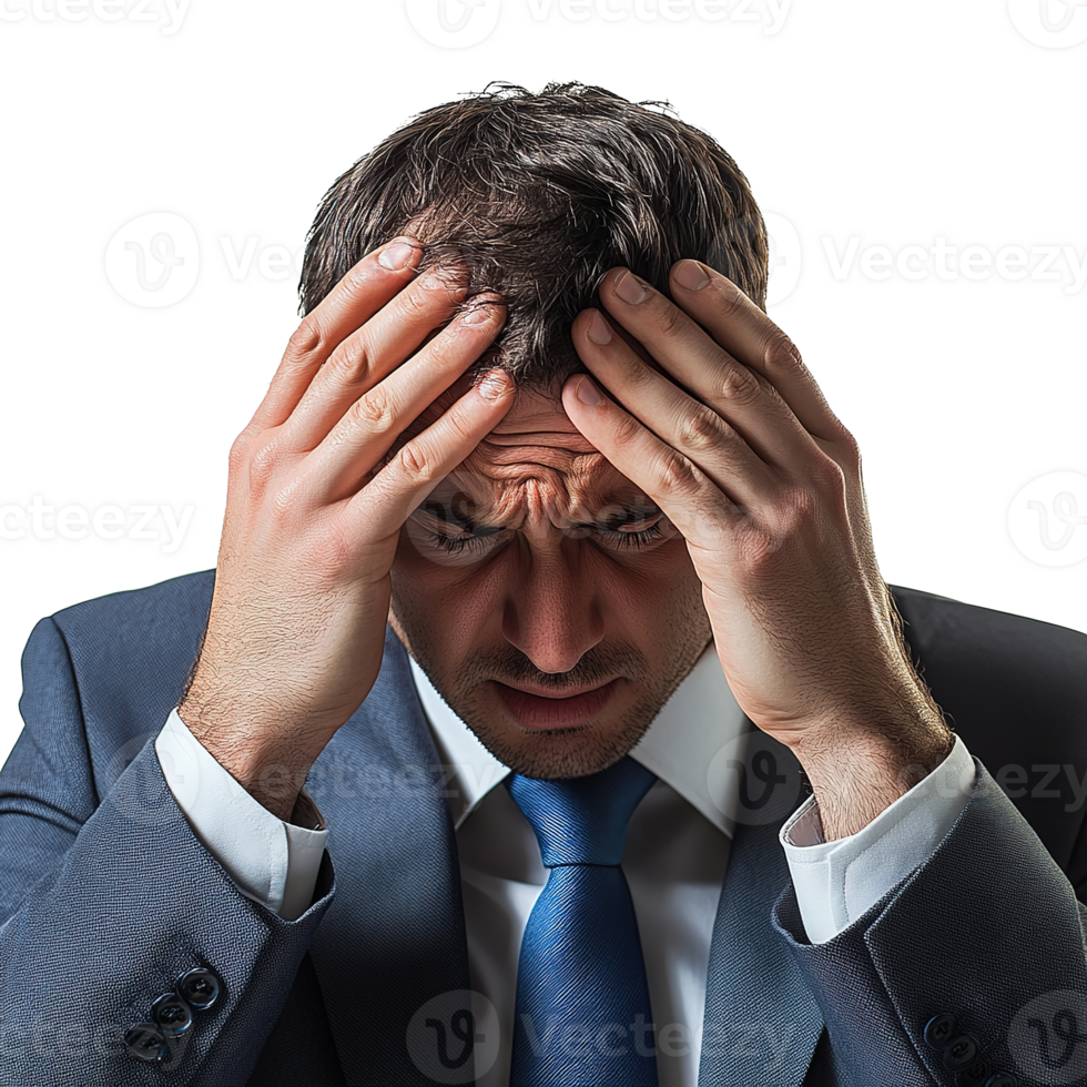 Frustrated Businessman Holding Head with Two Hands, Appearing Dizzy and Exhausted Isolated at the Transparent Background png