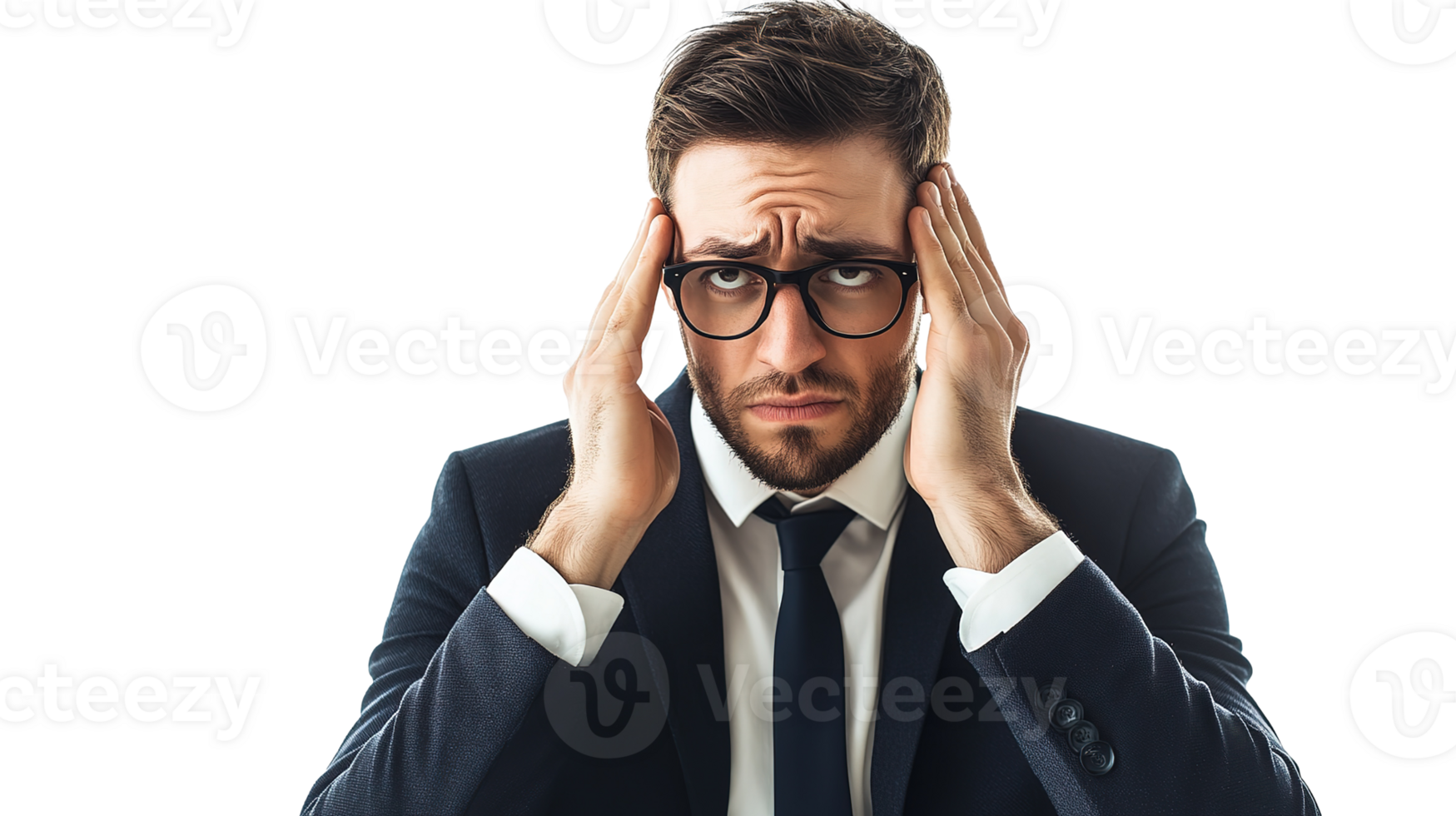 Sad Stressed Businessman Holding Head with Two Hands, looking Dizzy and Tired Isolated at Transparent Background png