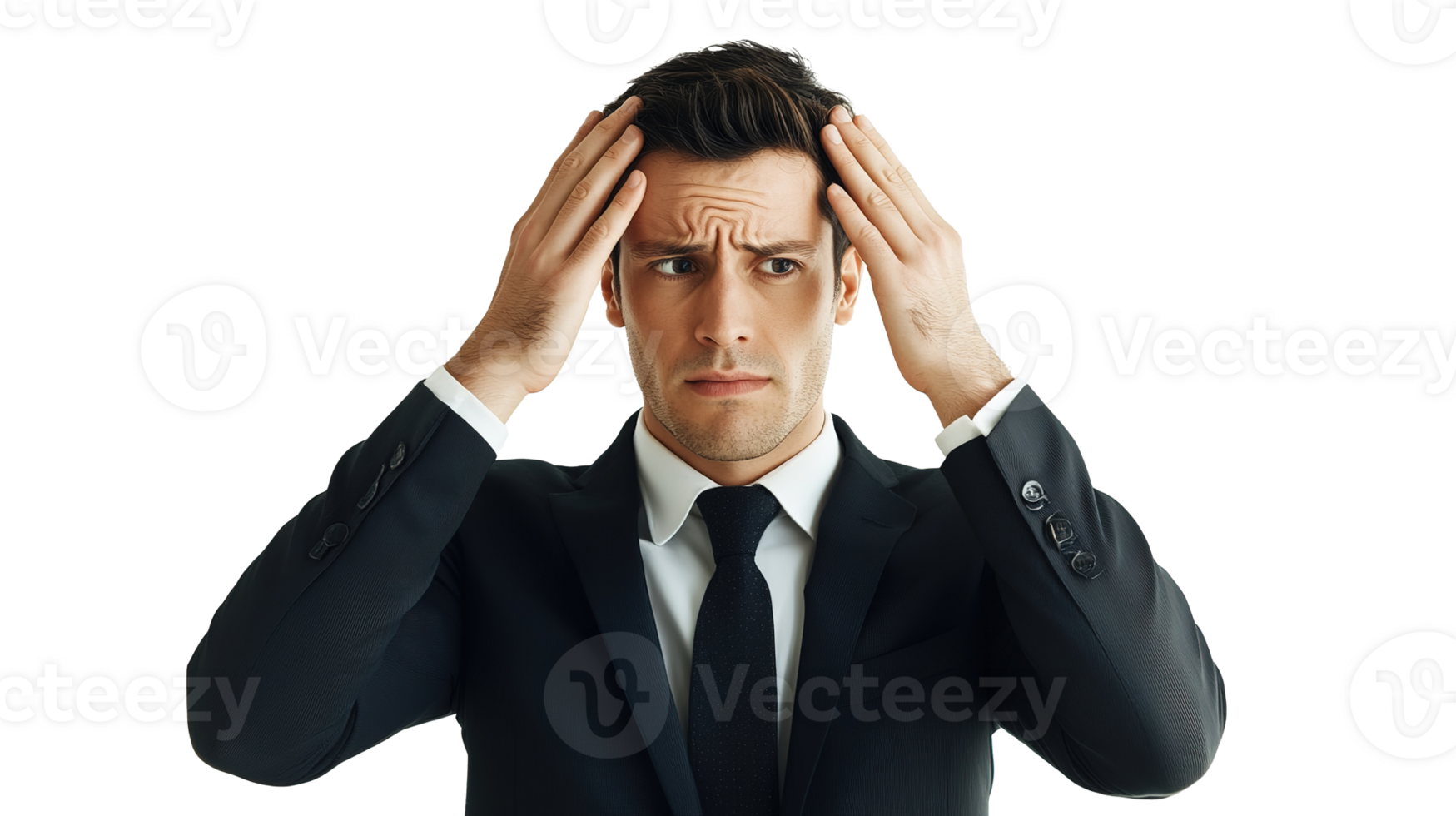 Frustrated Businessman Holding Head with Two Hands, Appearing Dizzy and Exhausted Isolated on Transparent Background png