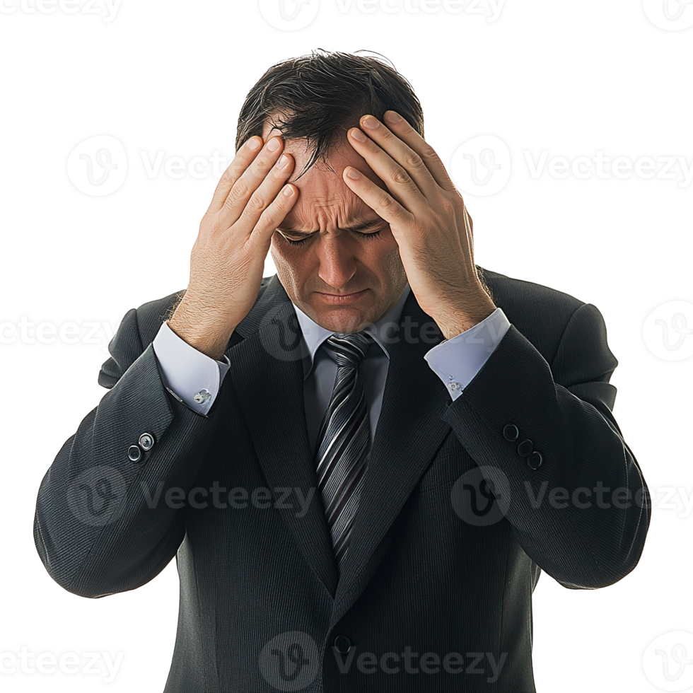 Sad Stressed Businessman Holding Head with Two Hands, looking Dizzy and Tired Isolated at the Transparent Background png