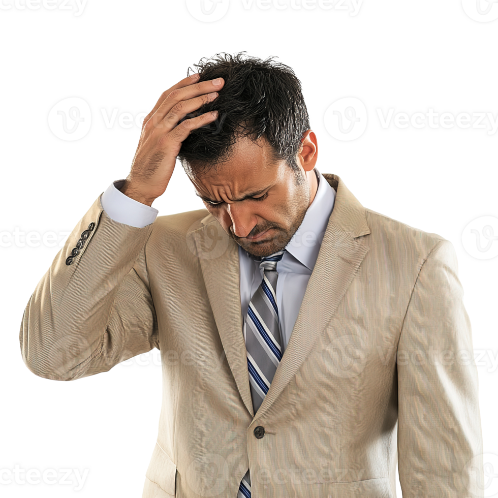 Sad Stressed Businessman Holding Head with Two Hands, looking Dizzy and Tired Isolated on Transparent Background png