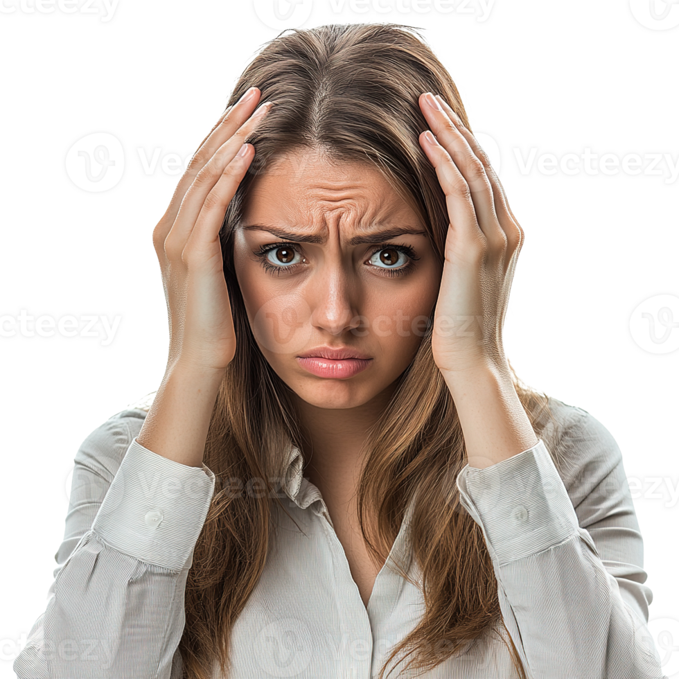 Sad Stressed Businesswoman Holding Head with Two Hands, looking Dizzy and Tired Isolated at Transparent Background png