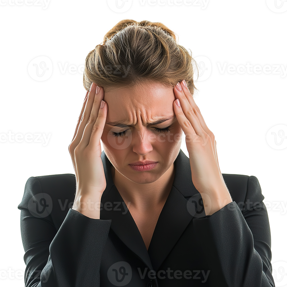 Sad Stressed Businesswoman Holding Head with Two Hands, looking Dizzy and Tired Isolated at the Transparent Background png
