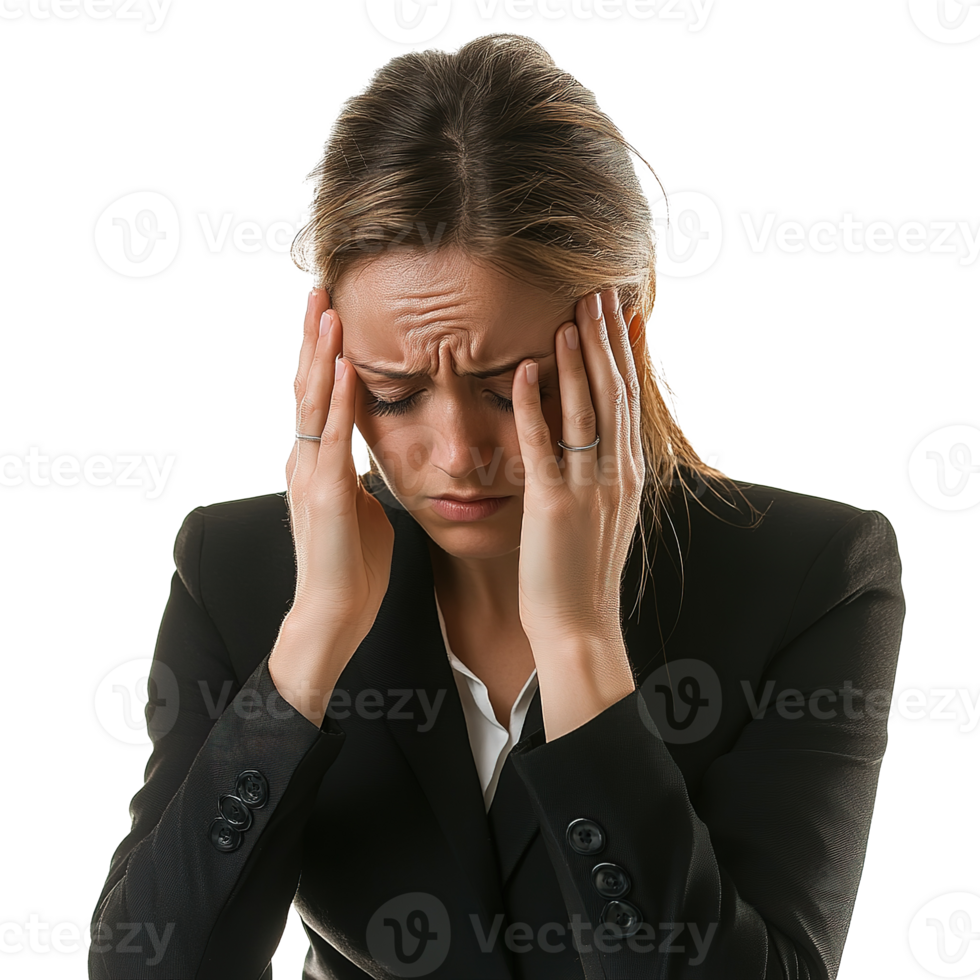 Sad Stressed Businesswoman Holding Head with Two Hands, looking Dizzy and Tired Isolated on Transparent Background png