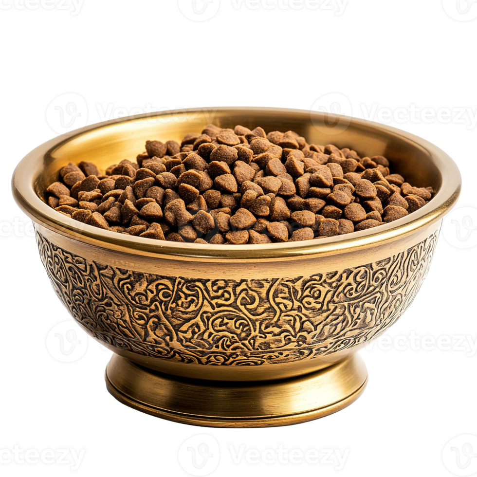 Dry Animal Food in Golden Bowl Isolated on Transparent Background png
