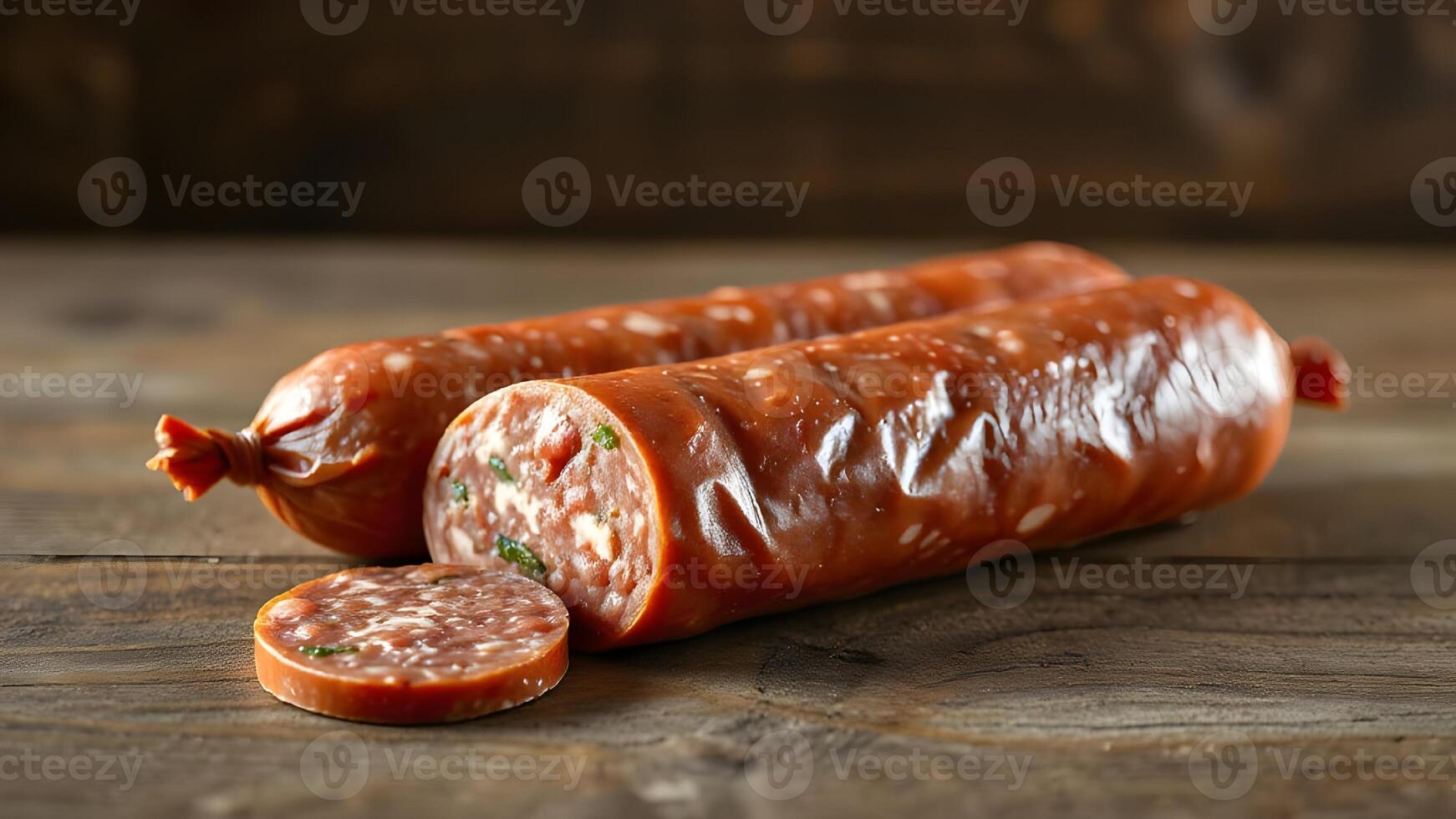 Close-up of Smoked Sausage with Slices on Wooden Surface photo