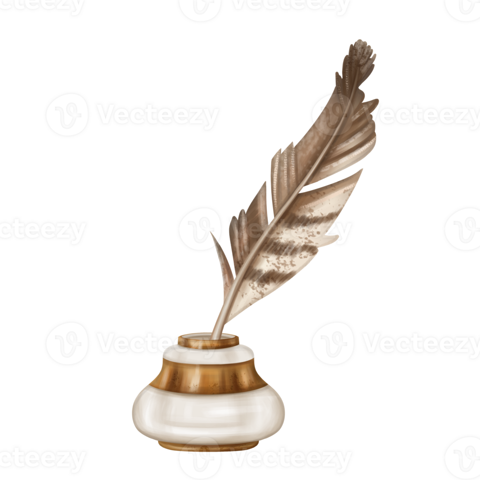 The inkwell is made of white ceramic with gold metal ornaments with a brown feather. A decoration for classic study and library in vintage style, old design. Handmade illustration on white background png