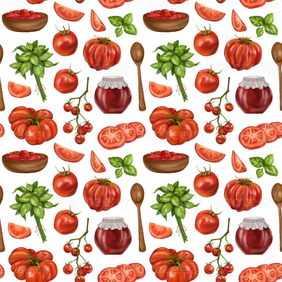 A seamless pattern with juicy red tomatoes, wooden plates with sauces. A healthy diet of vegetables and ingredients. Floral background for packaging and textiles. Digital isolated illustration. png