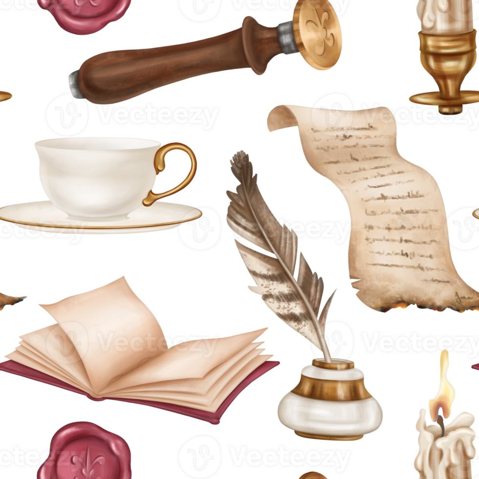 Seamless pattern with retro inkwell and writing pen, diary, stamp, tea cup, candle holder, parchment. Old schools, education, Victorian style, information and teaching, manuscripts and letters png