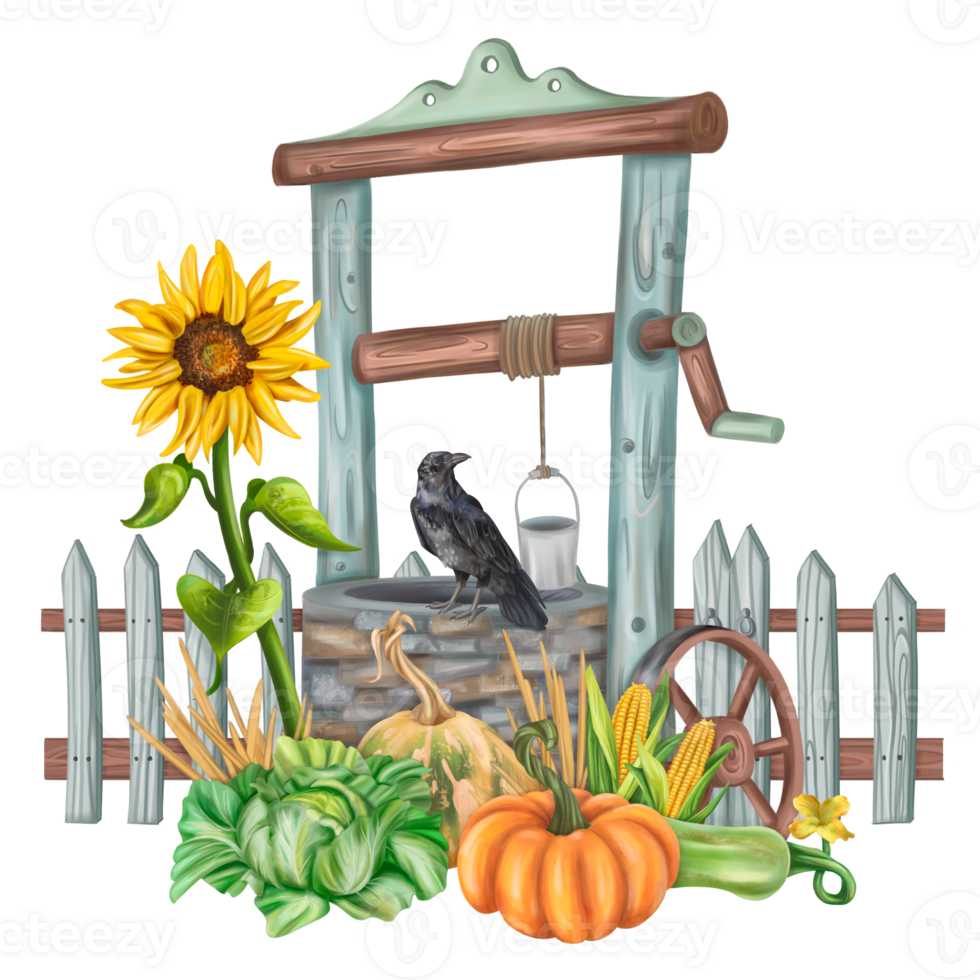 Autumn garden arrangement with a garden well and a harvest of seasonal vegetables. Pumpkins, zucchini, sunflowers, cabbage, corn. Backyard decor, farm fields, vegetable garden. Isolated illustration. png