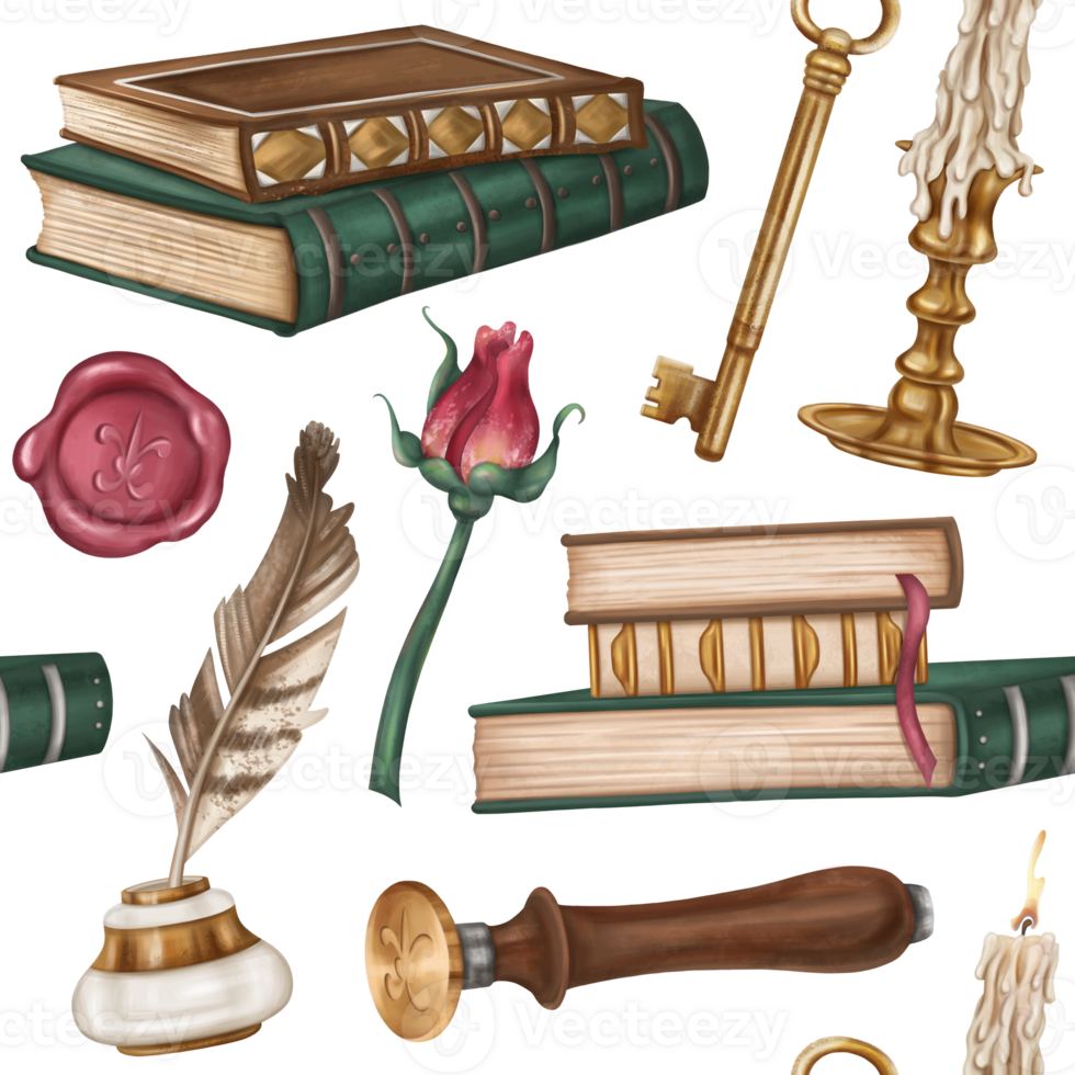 Seamless pattern with retro inkwell, writing pen, stack of books, stamp and seal, rose, candlestick, golden key. Royal atmosphere. Old vintage decorations in classic style. Office and postcard design png