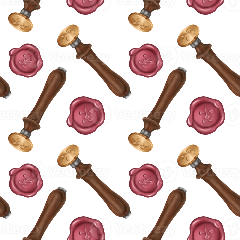 Seamless pattern with wooden and gold stamps and wax seals. Retro style, royal atmosphere. Vintage jewelry for letters, postcards, invitations, Gothic, Victorian and classical styles png