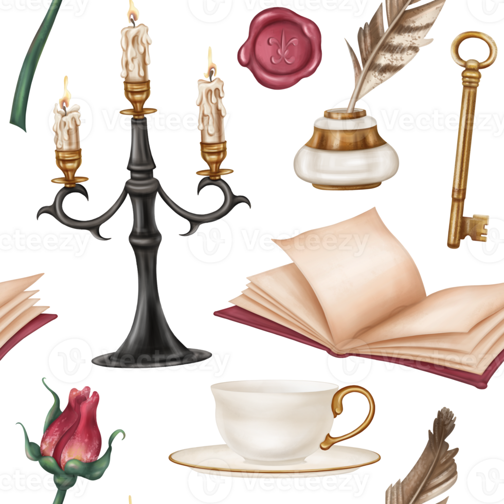 Seamless pattern with retro inkwell and writing feather, diary, teacup, rose, candle, golden key. Royal atmosphere. Old vintage decorations in classic style for interior. Office and postcard design png