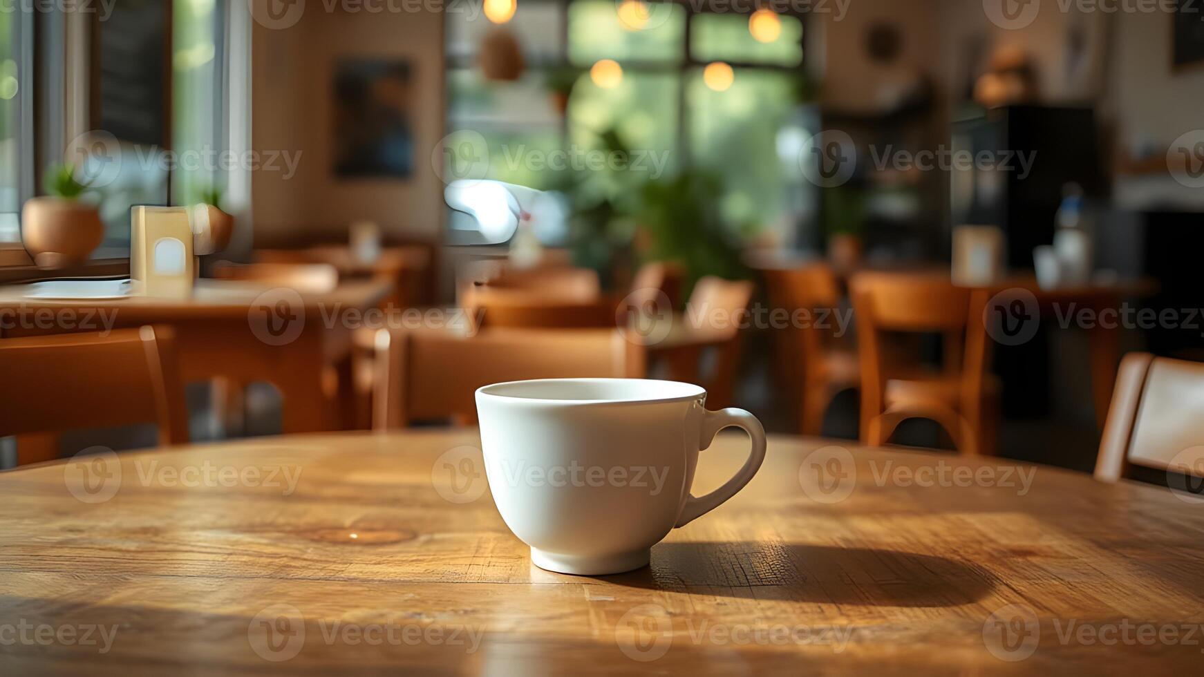 A white coffee cup on a wooden table in a cafe, bathed in natural light. photo