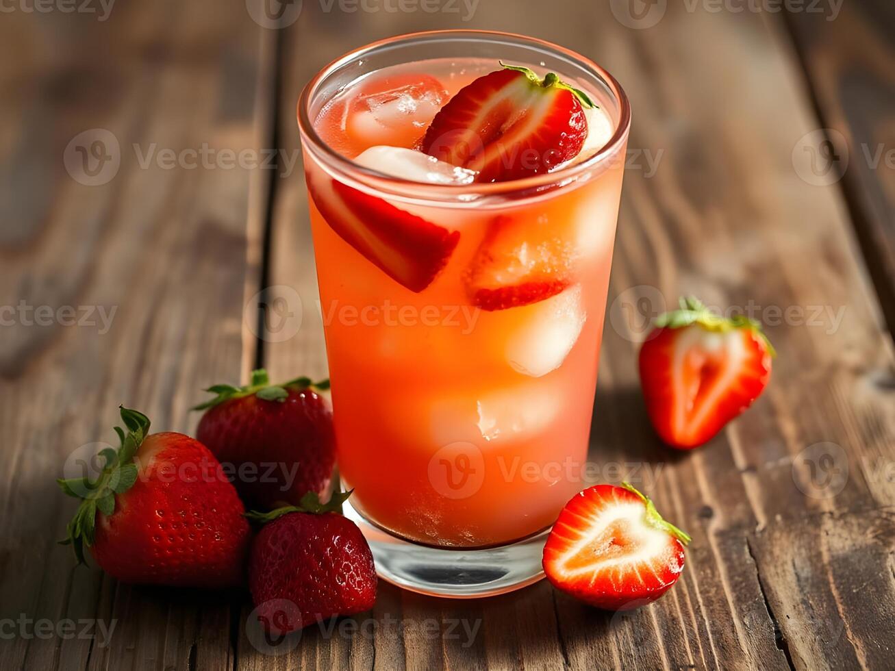 Refreshing Strawberry Lemonade with Ice and Fresh Strawberries photo