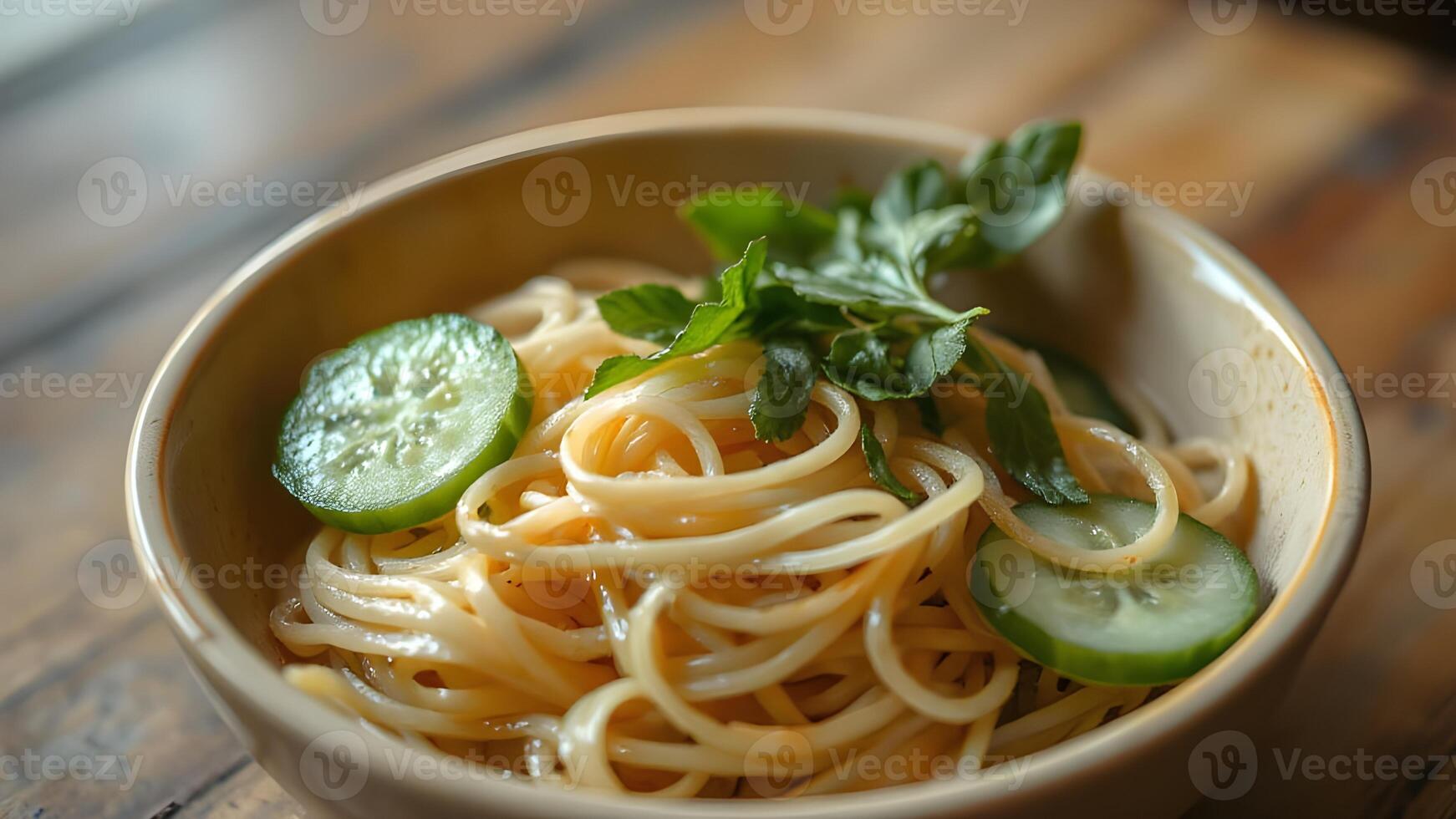 Pasta dish with cucumber and basil photo