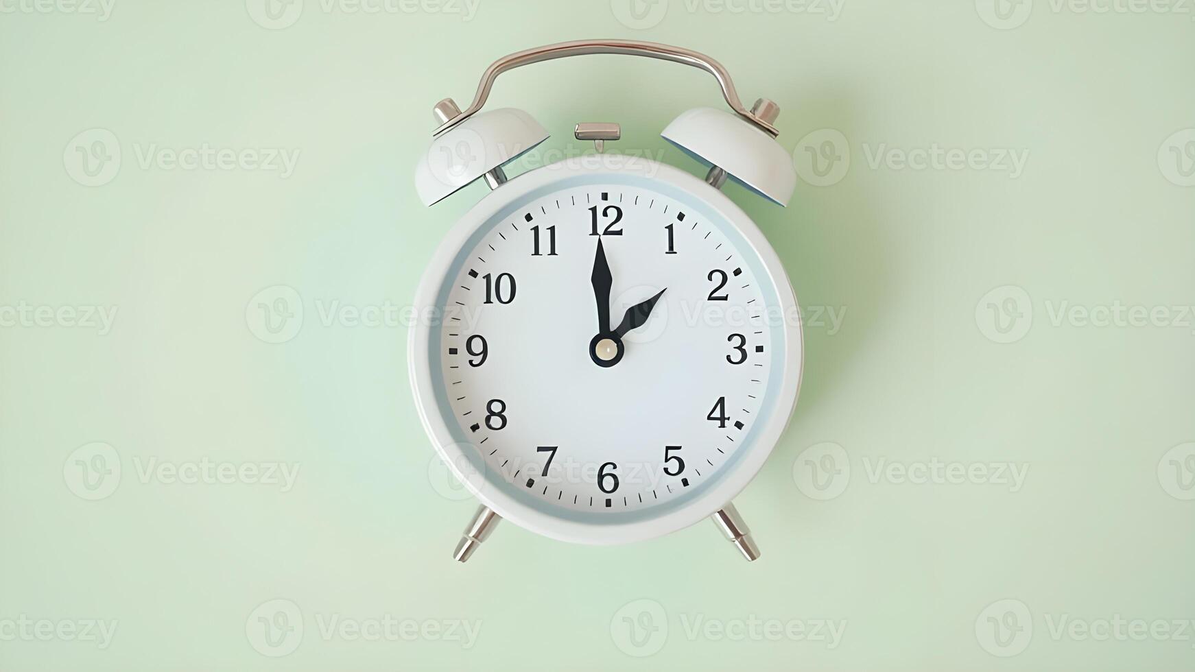Daylight saving time. White alarm clock on light green background, top view. Highlighted area and arrow showing time change by one hour forward photo