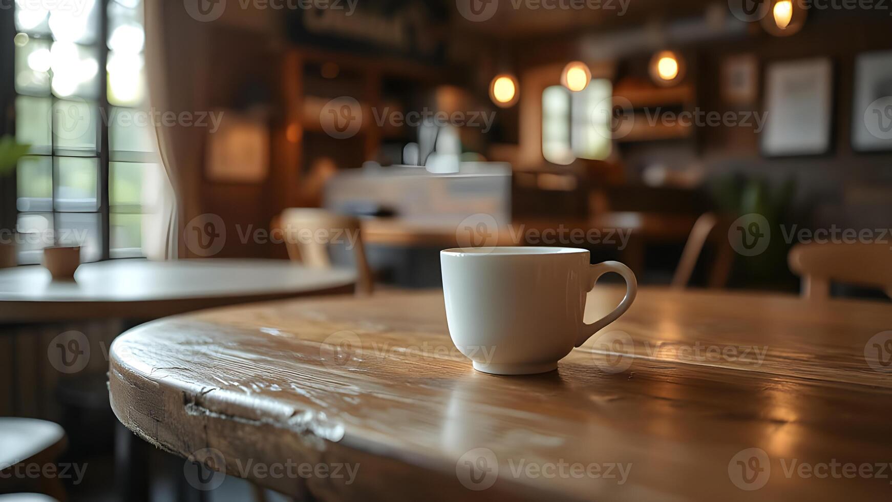 Coffee Cup on a Wooden Table in a Cafe photo