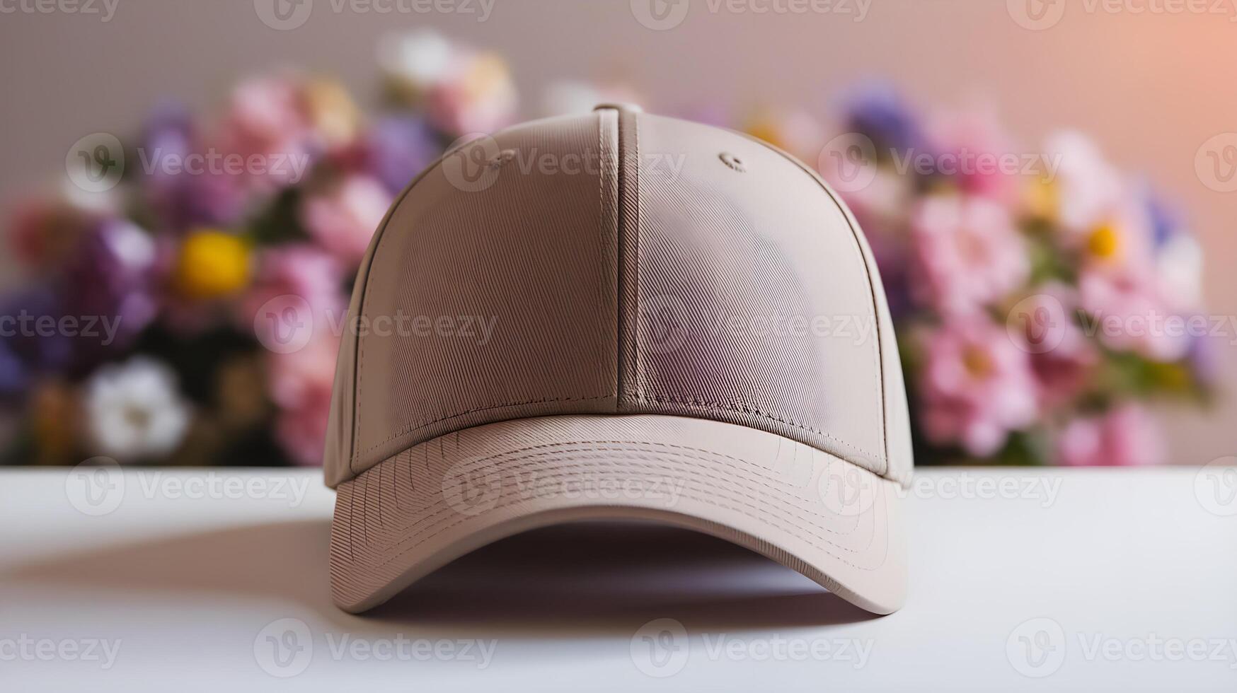 Front view of beige baseball cap mockup on white background, with space for your logo or design. Mock up for branding photo