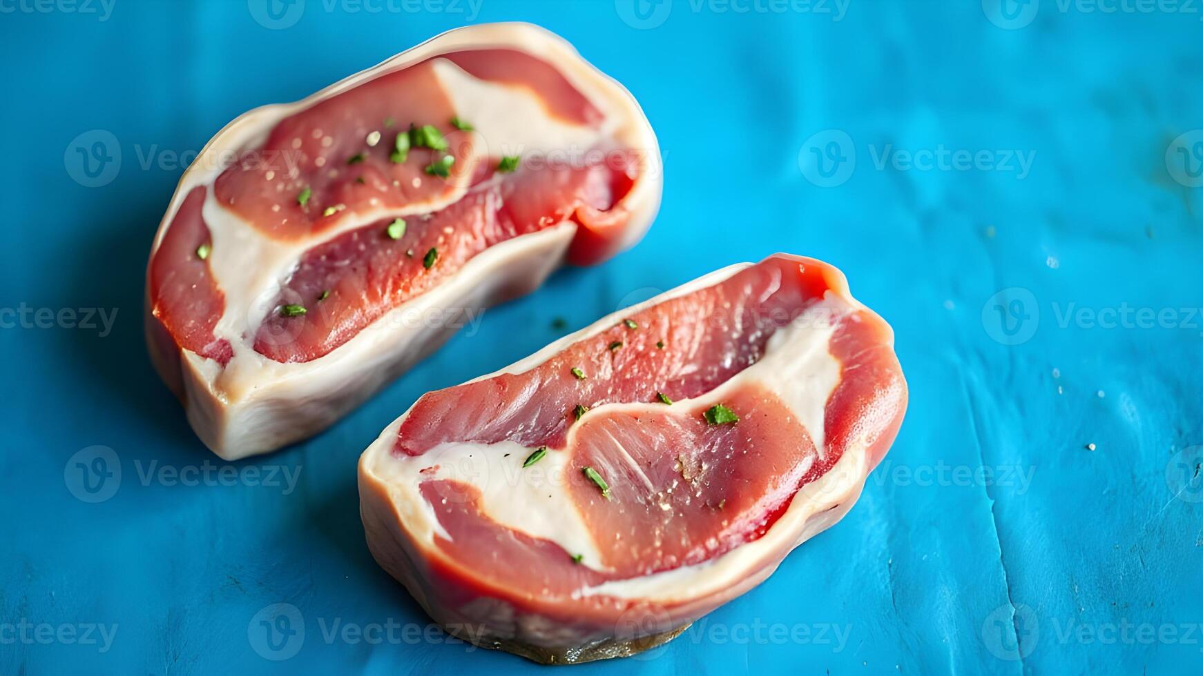 Two Fresh Raw Pork Chops on a Blue Surface, top view photo