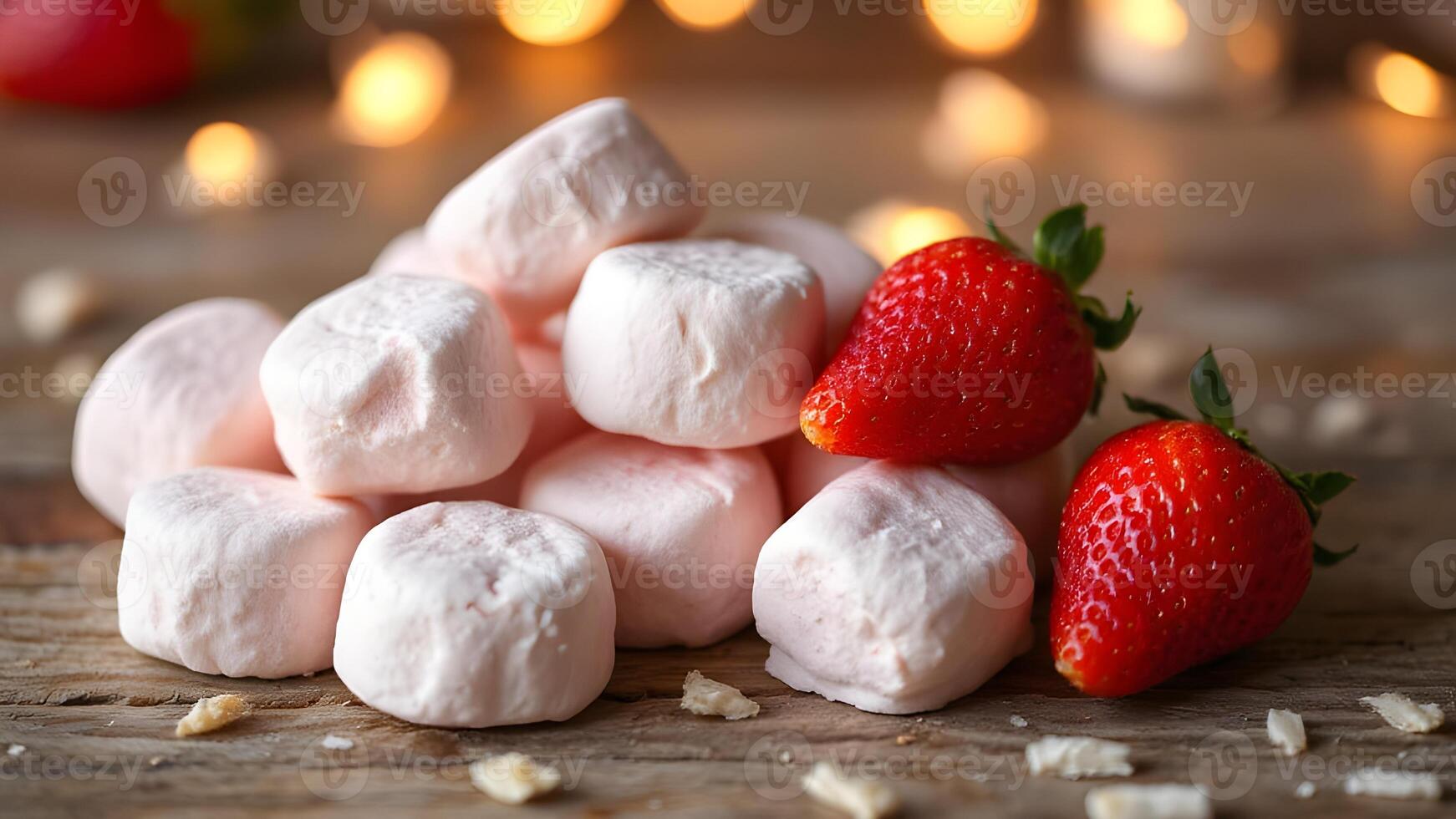 Marshmallows and Strawberries on a Wooden Surface closeup photo