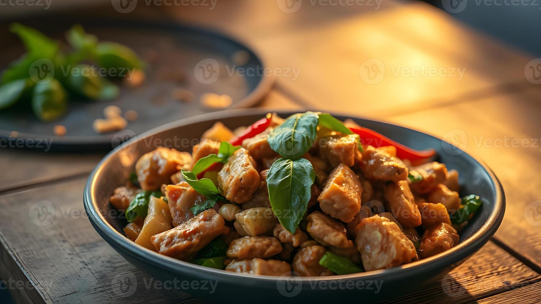 Chicken Stir fry with Fresh Basil in a Bowl photo