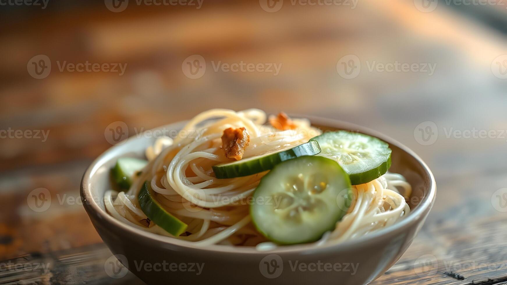 Close-up of a delicious noodle salad with cucumber slices in a bowl photo