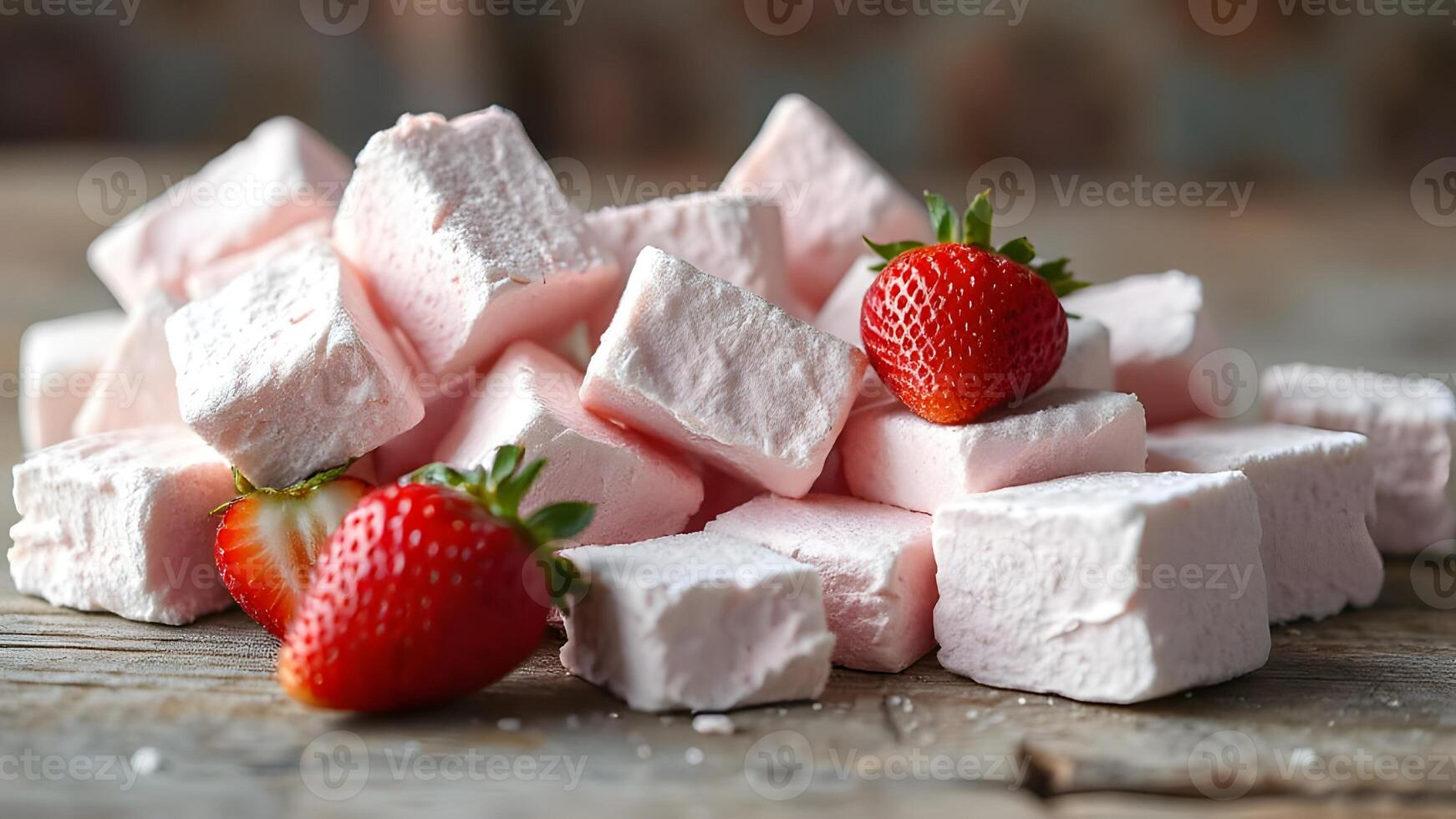 Marshmallows and Strawberries on a Wooden Surface sideview photo