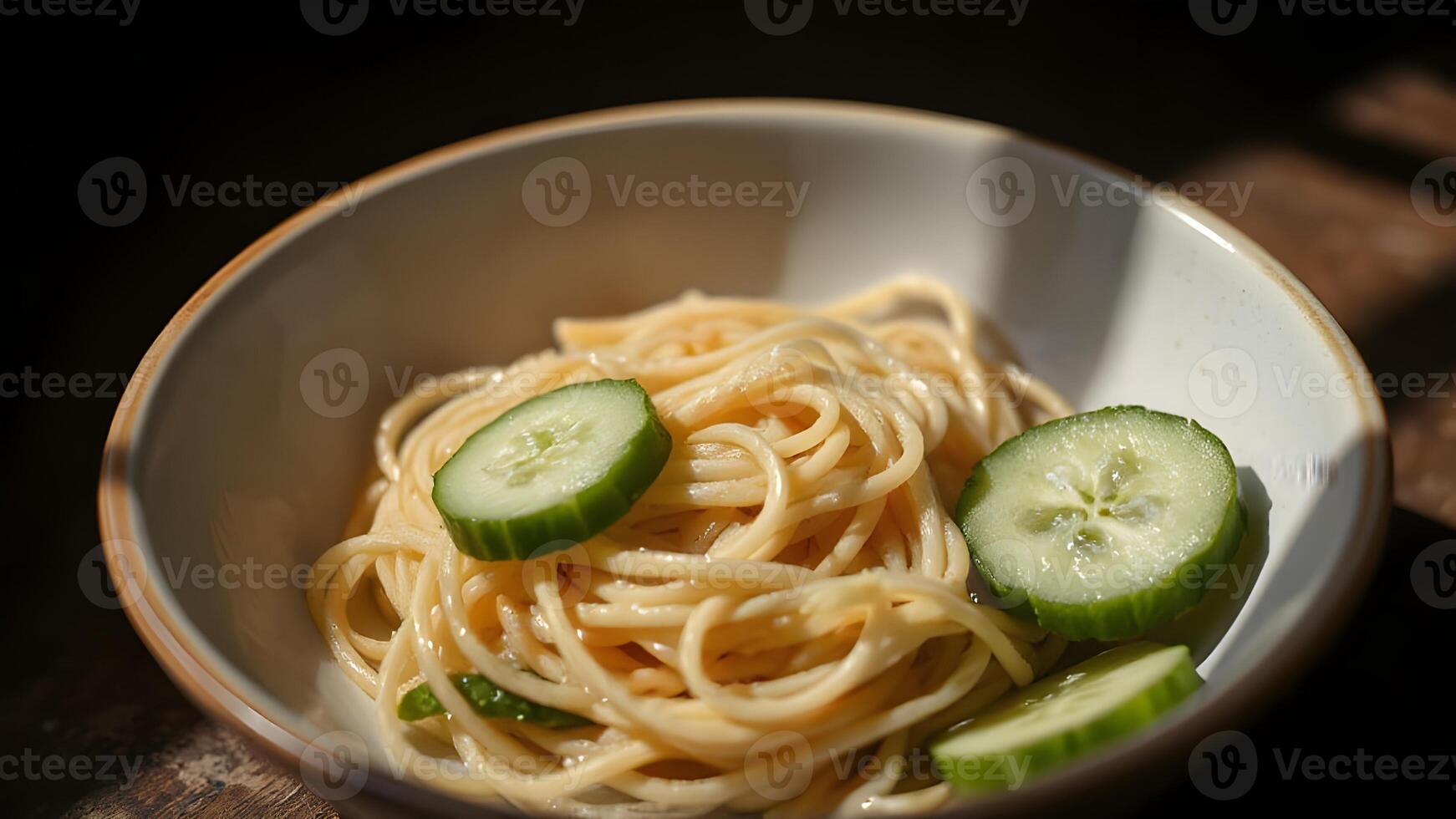 Pasta with Sliced Cucumber in a Bowl top view photo