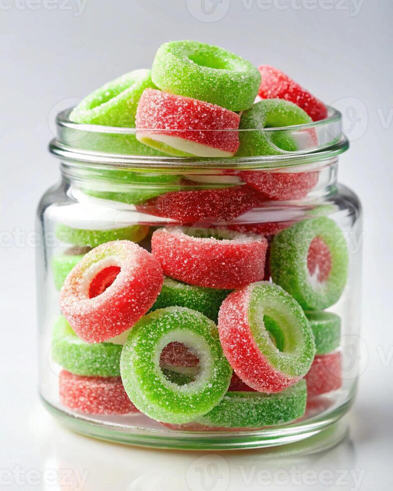 A jar filled with green and red gummy rings photo