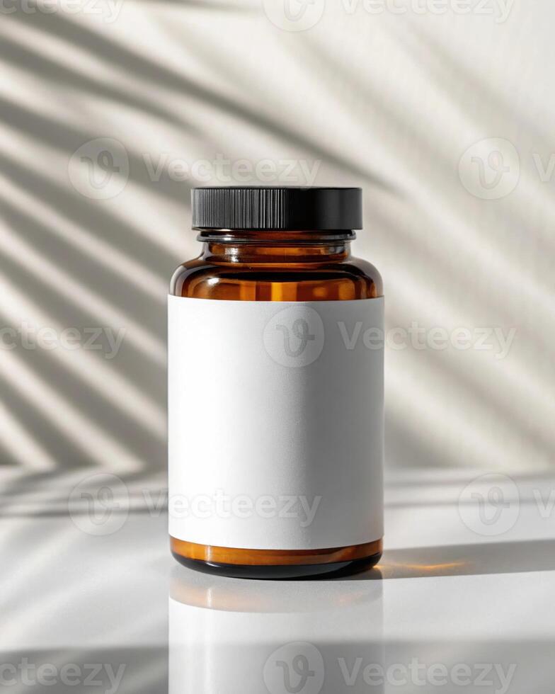 A bottle of medicine is sitting on a table photo