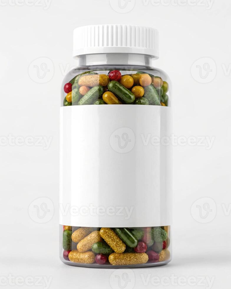 A bottle of pills with a blank label on top photo