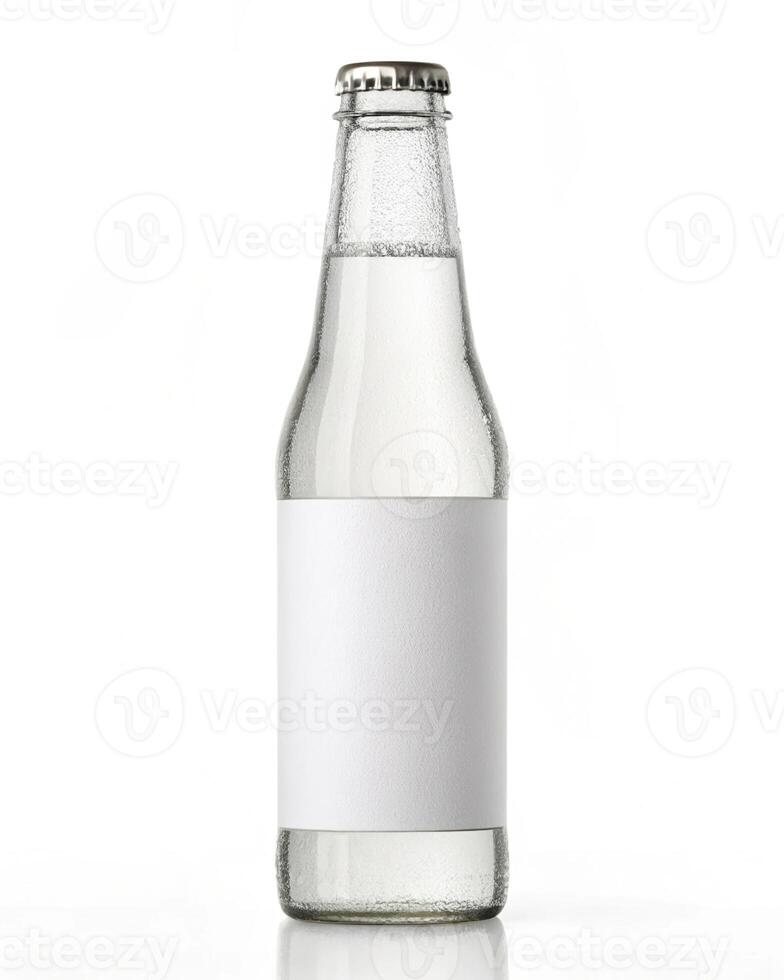 A bottle of soda water with a white label photo