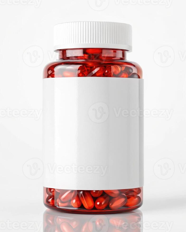 A bottle of red pills with a white label photo