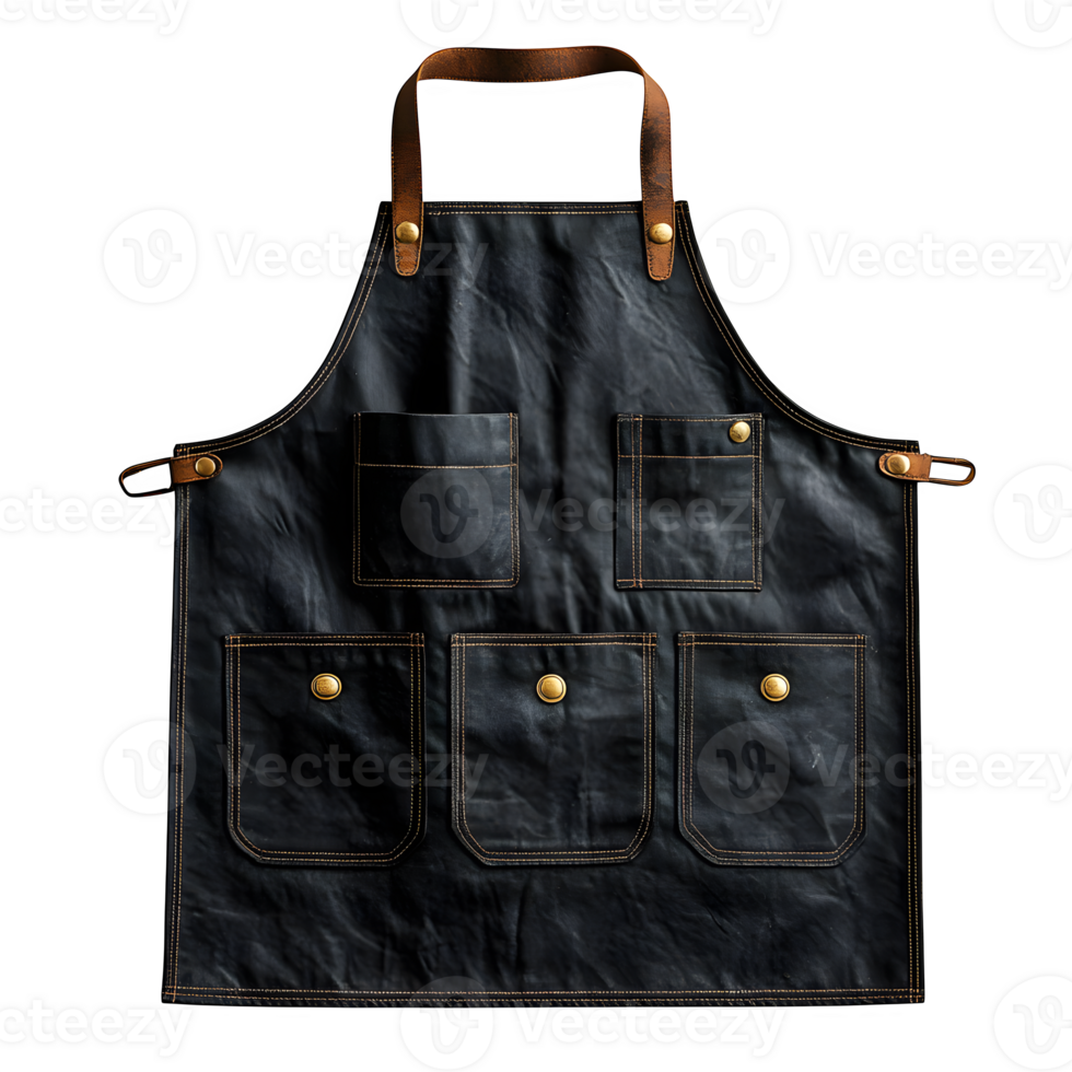 Durable Dark Canvas Apron with Leather Straps and Multiple Pockets for Cooking or Crafting png