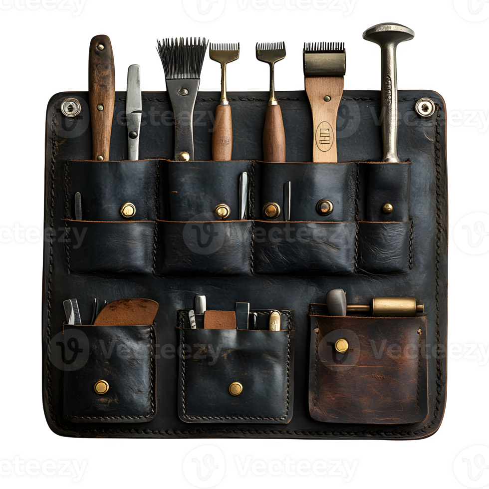 Vintage Leather Tool Roll with Antique Bookbinding and Craftsman Tools png